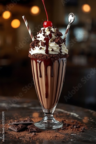 Chocolate milkshake with cherry for cafe menu display.