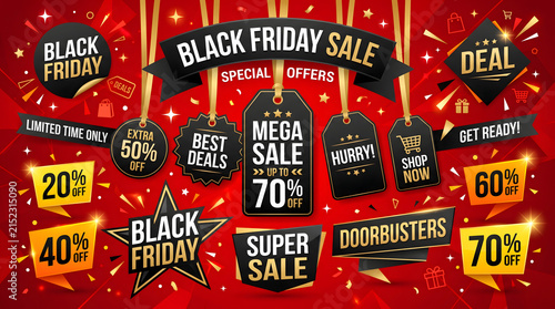 Black friday sale promotional banner featuring hanging gold and black price tags with glowing stars against a vibrant red background