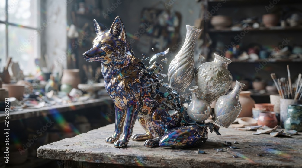 Naklejka premium Iridescent ceramic fox sculpture merging with pottery vases in artist workshop