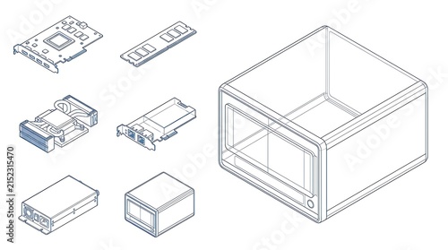 Isometric computer hardware components set featuring motherboard parts and empty pc case outline