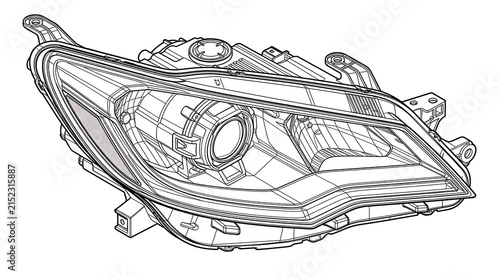 Technical line drawing of a modern automotive headlight assembly component