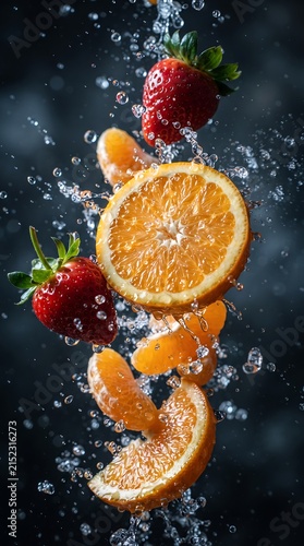 Fresh strawberries and orange slices in water splash for healthy snack.