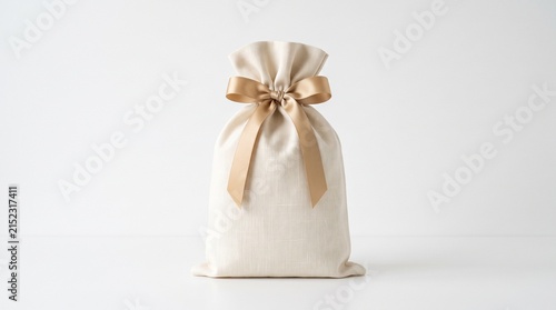 Elegant cream gift sack with satin ribbon bow standing upright on white background