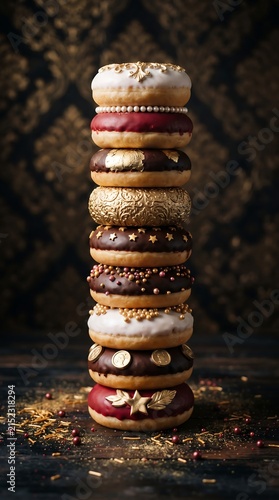 Luxury gourmet donut stack with gold detail decoration.