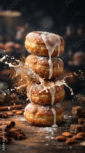 Stack of fresh glazed donuts with milk splash on table.