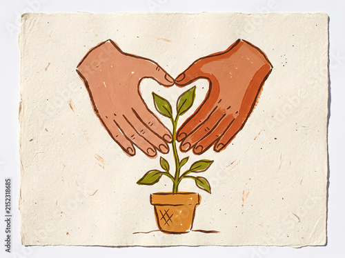 Human hands forming a heart shape over a growing green plant seedling, representing love for nature and environmental protection.
