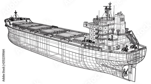 Industrial cargo ship wireframe model detailed technical blueprint illustration