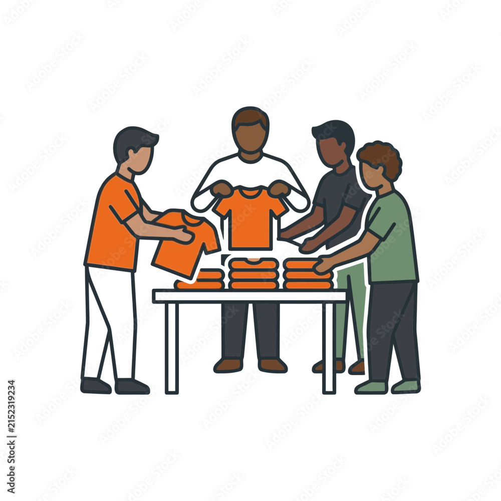 Fototapeta premium Group of people folding orange shirts on a table together
