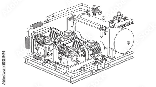 Technical line drawing of industrial air compressor system with dual motors