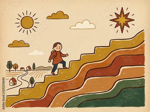 Vintage Hand Drawn Line Art Illustration of Person Climbing Stairs Toward Shining Star for Success, Career Growth, Ambition, and Goal Achievement Concept