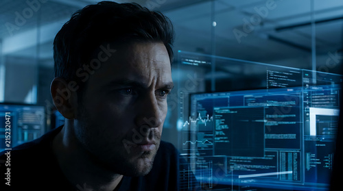 Intense Focus: A man intently studies lines of code on a futuristic digital interface, his face illuminated by the blue glow of the screen, suggesting deep concentration and technological engagement.