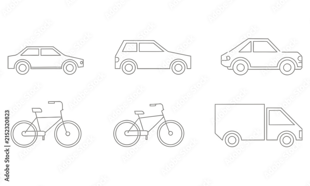 Naklejka premium Simple line of vehicles and bicycles, isolated on white background, truck