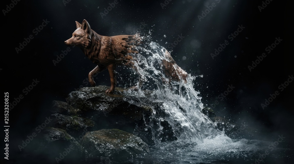 Obraz premium Fox sculpture dissolving into water splashes on a rock