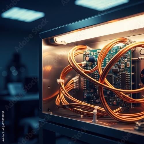Intricate Copper Wiring Bundled Around Electronic Circuit Board Inside Modern Equipment