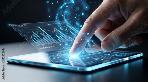 Futuristic Data Interaction: A close-up shot shows a finger interacting with a holographic display projecting a complex data visualization, showcasing advanced technology and digital information.