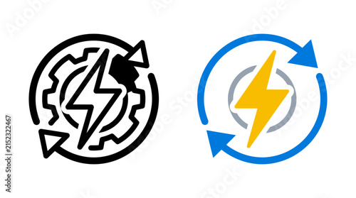 Energy-Management And Power Efficiency Icons With Lightning Bolt, Gear, And Circular Arrows