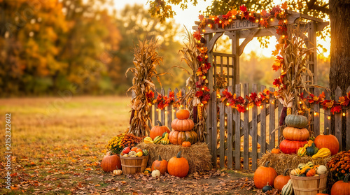 Rustic wooden welcome arch decorated with pumpkins gourds cornstalks and autumn leaves at a fall festival