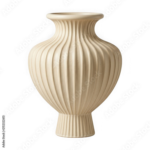Ceramic Urn with Vertical Ribbed Texture in Cream Color on White Background Featuring Vase, Beige, Design with Decorative