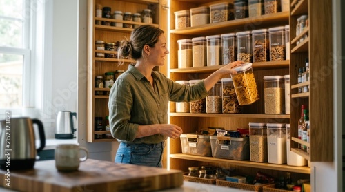 Organized kitchen pantry with clear containers of dry goods and a woman selecting pasta
