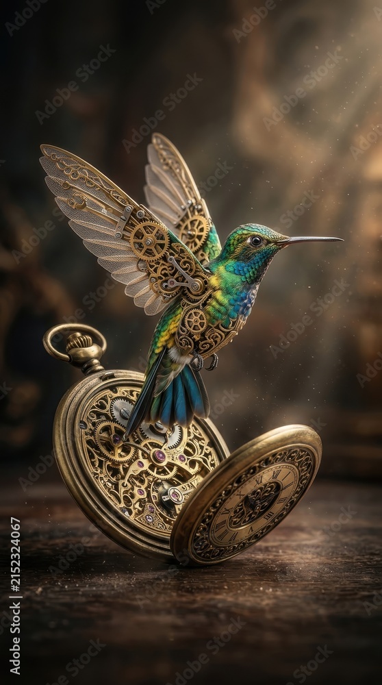 Obraz premium Steampunk Hummingbird Rising From Antique Pocket Watch