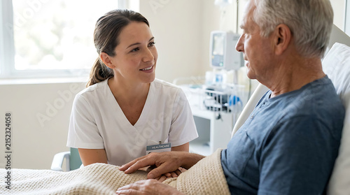 Caring for the Elderly: A compassionate nurse attends to an elderly patient in a hospital room, offering comfort and support during recovery. A moment of kindness and dedication in healthcare.