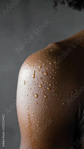 Close up of wet dark skin shoulder with water droplets.