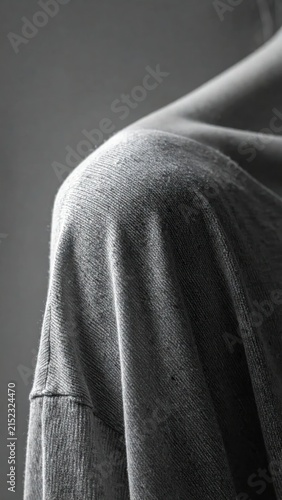 Close up of woman shoulder in soft grey sweater.