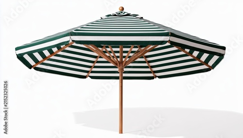 Outdoor Patio Umbrella with Green and White Stripes and Wooden Pole.