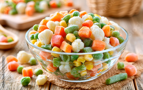 Mix of different frozen vegetables in a glass bowl on wooden table. Frozen food