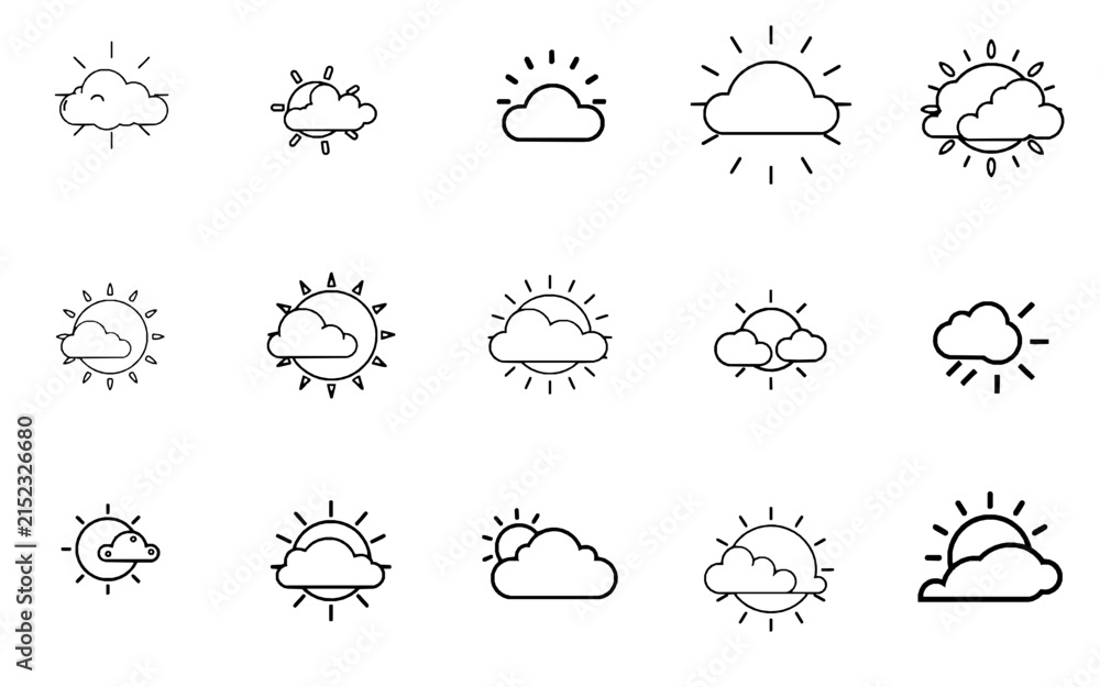 Obraz premium Single Weather Forecast Icon In Clean Minimal Outline Line Art Style Show A Sun Partially Covered By A Cloud Use Thin Bl
