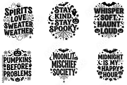 Spooky Halloween Hand-Lettering Typography Collection, 6 Dark Vibes Quotes, Stay King Stay Spooky, Pumpkins Before Problems, Ghost Bat Pumpkin October Vector