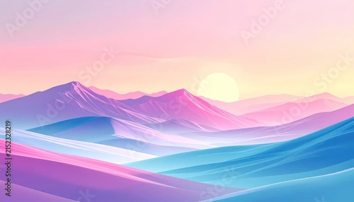 Colorful abstract landscape with sun setting behind hills.
