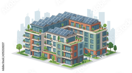 Modern Apartment Building with Rooftop Solar Panels and Green Spaces