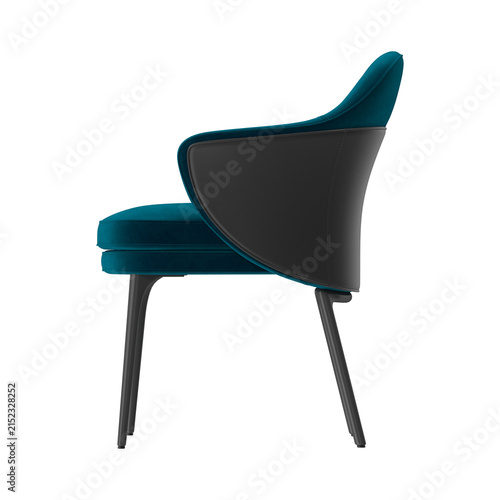 Bild auf Leinwand Modern teal velvet armchair with black leather accents and slim metal legs