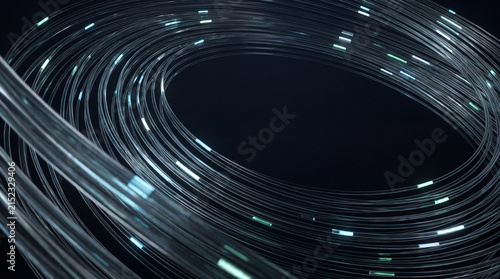 Coiled 3D optic fibers glowing with scattered light dashes