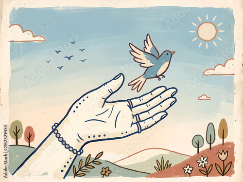 Hand-Drawn Line Art Illustration of a Human Hand Releasing a Blue Bird for Freedom