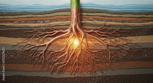Intricate Tree Roots Extending Deep Beneath Layers of Earth, Illuminating a Hidden Energy Source