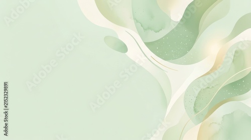 Abstract green and beige fluid shapes on a light green background.