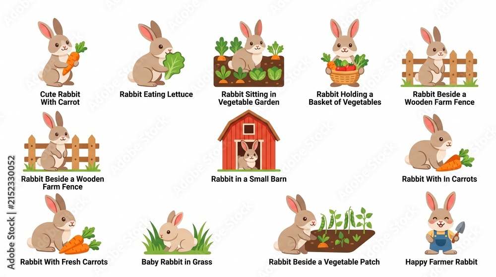 Fototapeta premium Cute Rabbit in Vegetable Garden Vector Set Eating Carrot