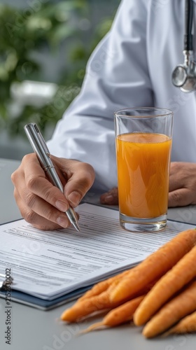 Person in a medical coat writes on a clipboard while holding a glass of orange drink next to fresh carrots on a table in a softly blurred setting