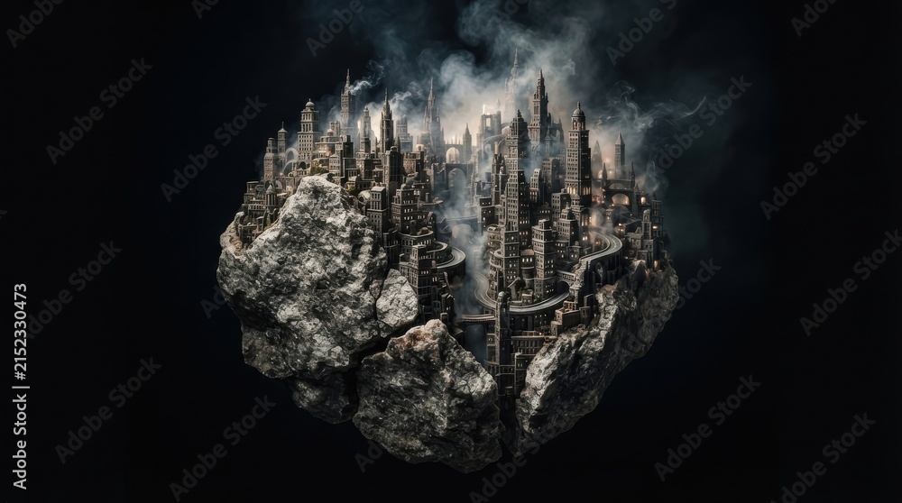 Obraz premium Fantasy floating city on broken rock with smoke