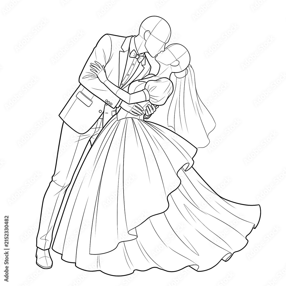Fototapeta premium Hand drawn sketch of wedding couple base dip kiss front view isolated on white background. Technical line art illustration.