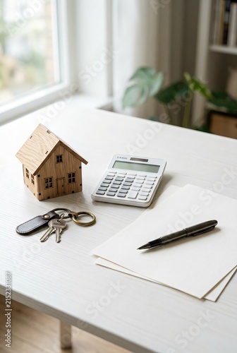 Miniature Wooden House Model with Keys Calculator and Pen on White Desk for Real Estate Planning