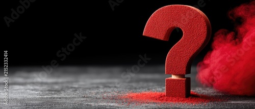Close up shot shows a large red question mark made of powder on textured surface with red smoke billowing in the background