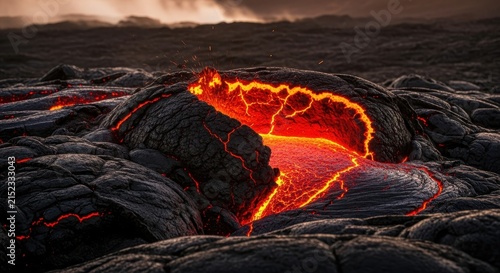 Molten lava flows through volcanic rock, showcasing intense heat and earth's raw power