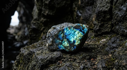 Raw Labradorite Gemstone Specimen with Mesmerizing Blue and Green Labradorescence on Dark Rocky Surface