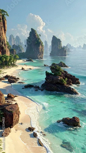 Scenic Tropical Beach with Dramatic Rock Formations