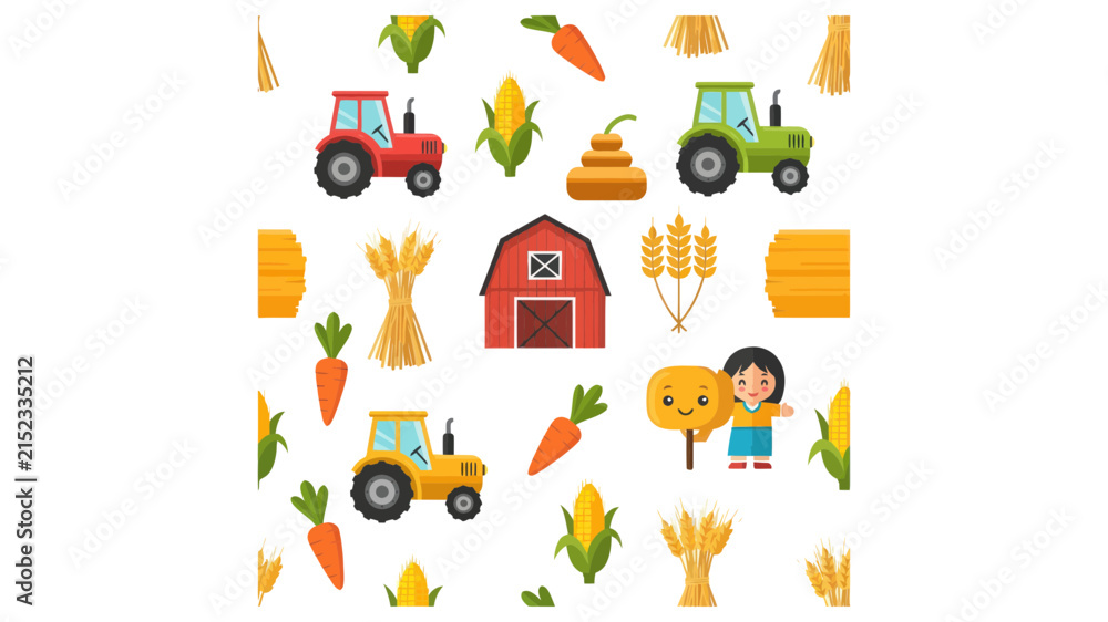 Fototapeta premium Seamless Farm and Agriculture Cartoon Pattern