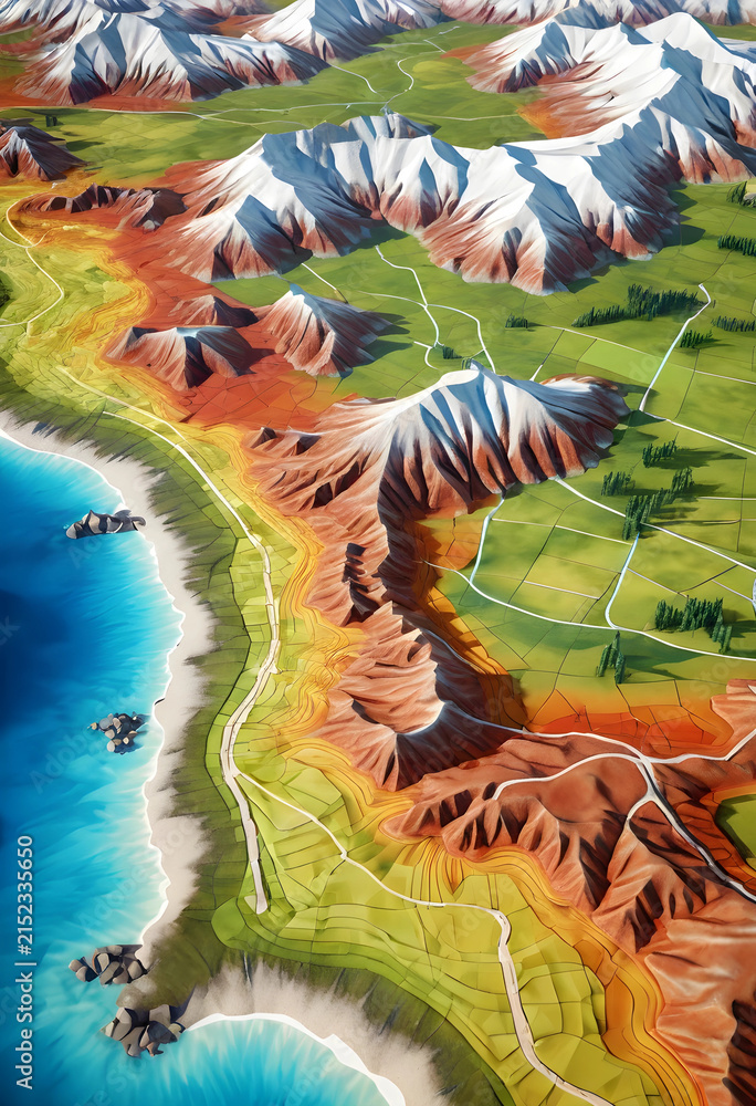 Obraz premium 3d relief map of a coastal landscape with mountains, valleys, and agricultural fields, showing diverse topography