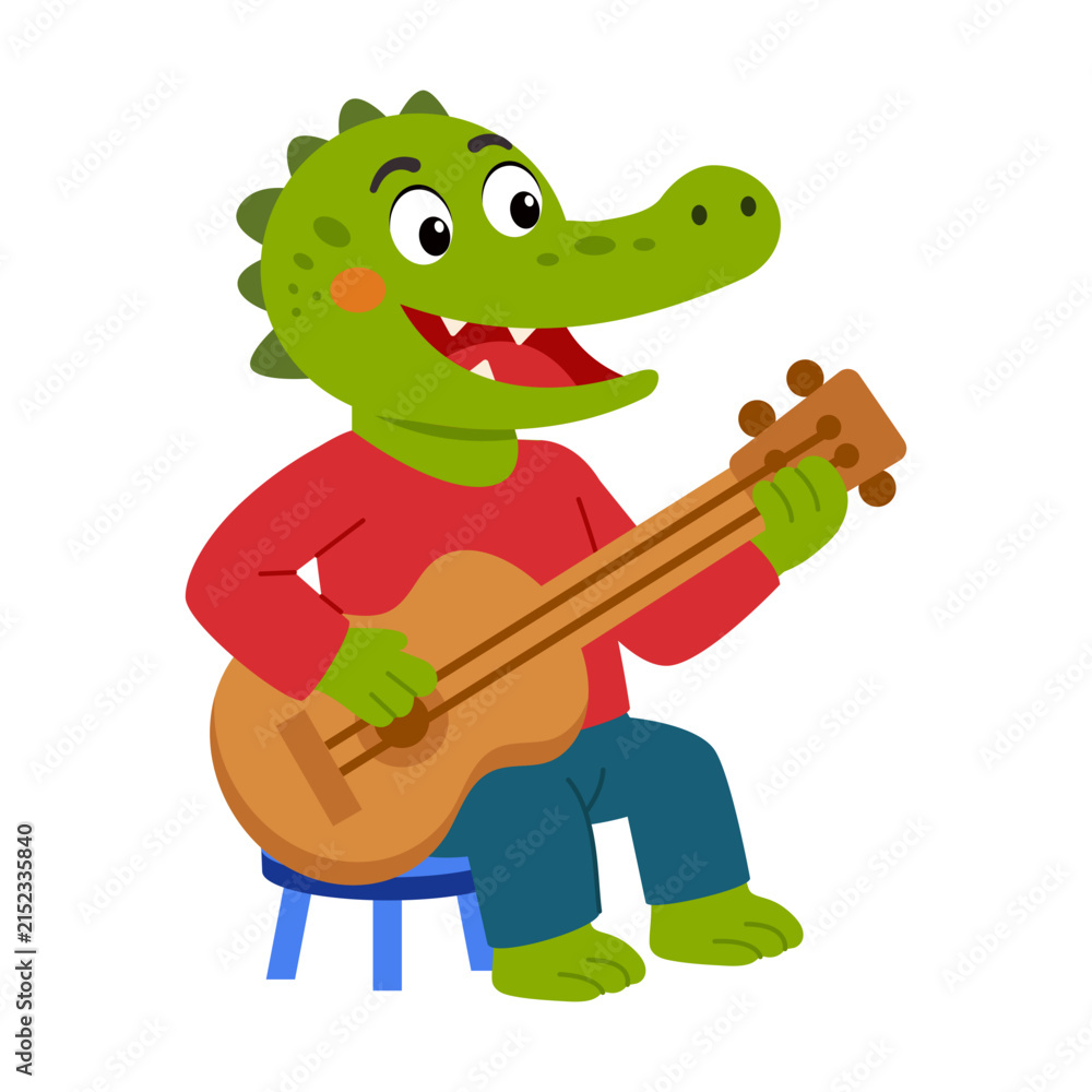 Naklejka premium Seated crocodile musician playing an acoustic guitar with enthusiasm.